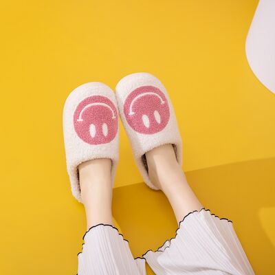 Smiley Face Cozy Slippers - White/Pink - (S-XL)