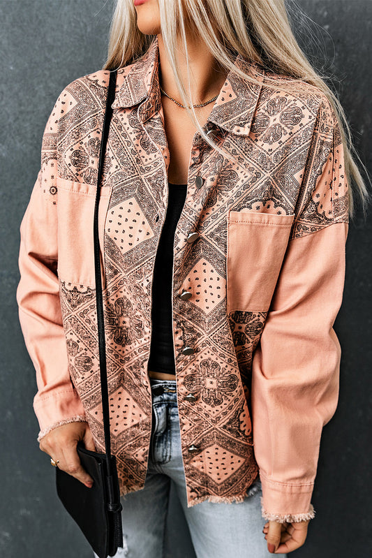 Chic Raw-Hem Printed Button-Down Jacket With Pockets - Pink - (S-XL)