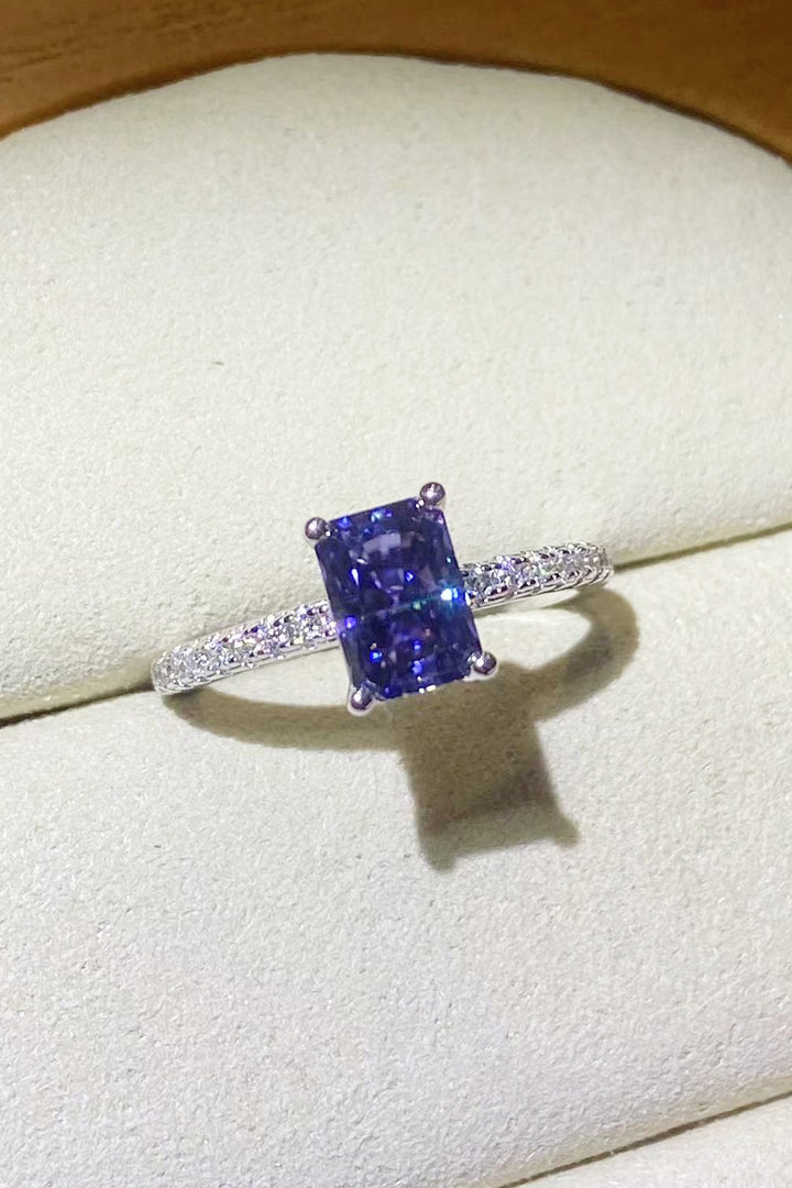 1 Carat Moissanite &amp; Zircon 925 Sterling Silver Rectangular Pendant Ring - Blue