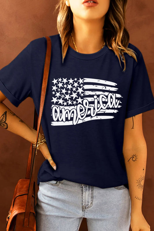 "America" US Flag Graphic Round-Neck Short Sleeve Tee - Navy - (S-XL)