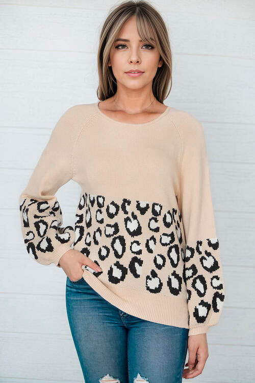 Leopard Print Round-Neck Long-Sleeved Sweater - Tan - (S-XL)