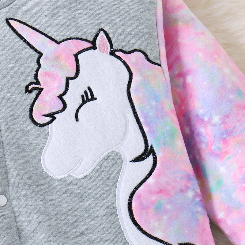 CUTE SOLID TIE-DYE CONTRAST UNICORN GRAPHIC LONG SLEEVE SNAP JACKET - HEATHER GRAY - (4T-7)