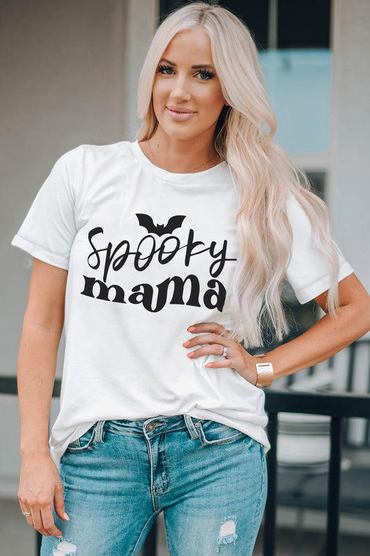 "Spooky Mama" Graphic Round-Neck Short-Sleeve T-Shirt - White - (S-2XL)