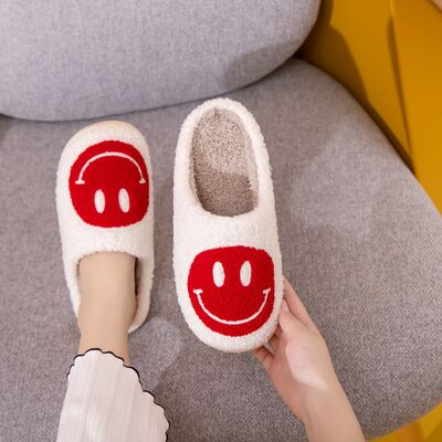 Smiley Face Soft Cozy Plush Slippers - White/Red - (S-XL)