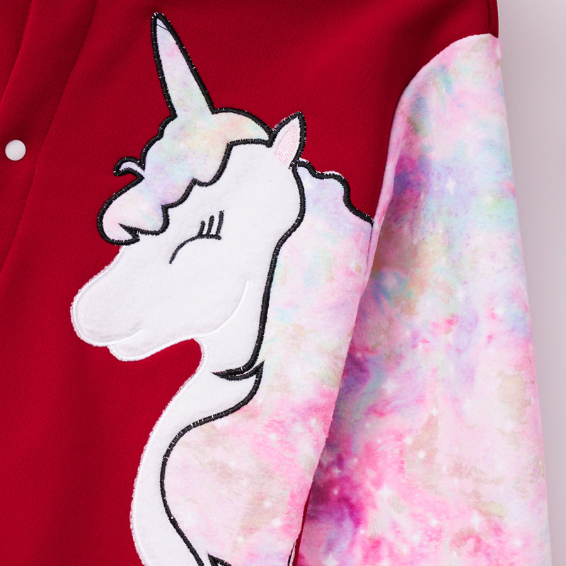 CUTE SOLID TIE-DYE CONTRAST UNICORN GRAPHIC LONG SLEEVE SNAP JACKET - DEEP RED - (4T-6)