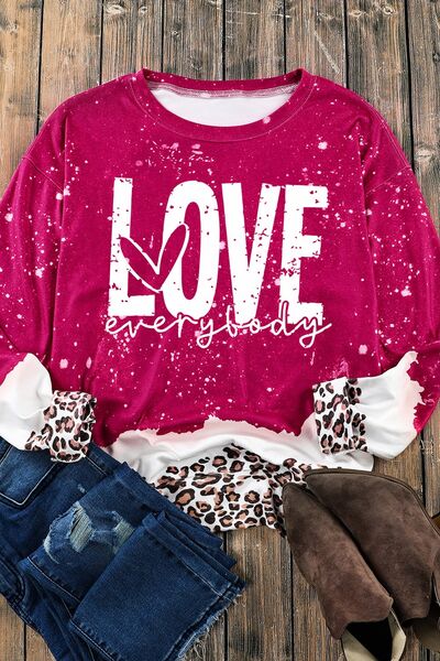 "Love Everybody" Leopard Round-Neck Opaque Sweatshirt - Cerise - (S-2XL)