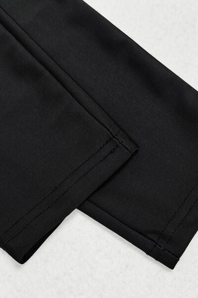 PRINTED LONG SLEEVE DRAWSTRING DRESS & PANTS SWIM SET WITH CAP - BLACK - (S-XL)