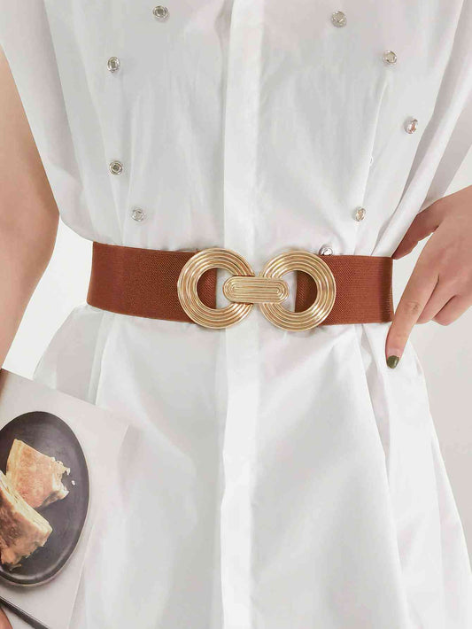 GEOMETRIC GOLD BUCKLE ELASTIC WIDE BELT - MULTIPLE COLORS