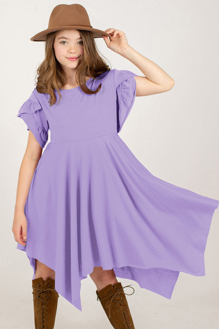 Stylish Round-Neck Short Petal-Sleeve Solid Midi Dress - Multiple Colors - (5T-12)