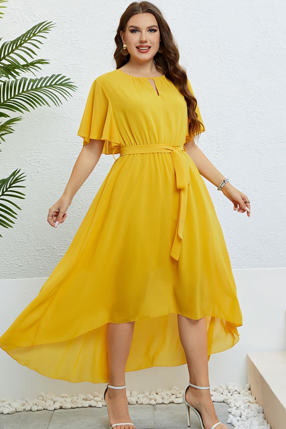 PLUS-SIZE BELTED FLUTTER-SLEEVE HIGH-LOW BELTED MIDI DRESS - MUSTARD - (1X-4X)