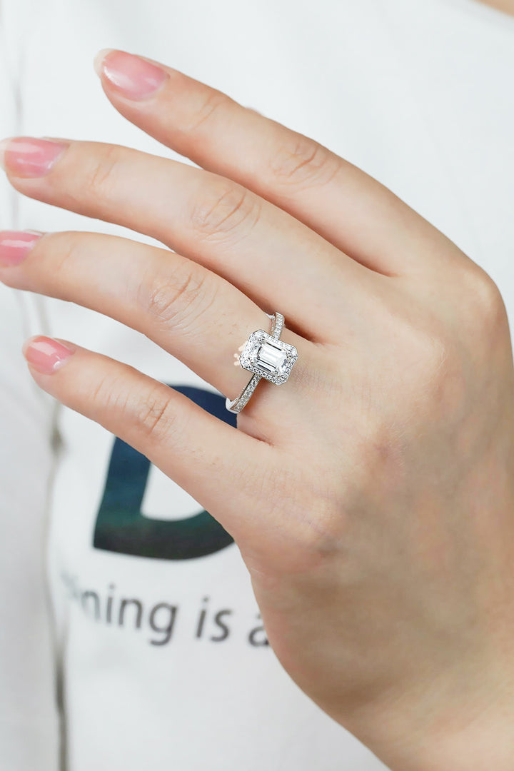 1 Carat Moissanite 925 Sterling Silver Rectangular Halo Ring - Silver