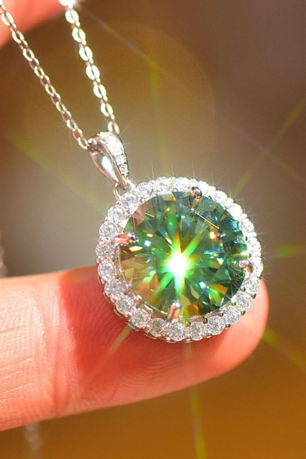 10-Carat Moissanite Round Pendant Platinum-Plated Necklace - Green, White