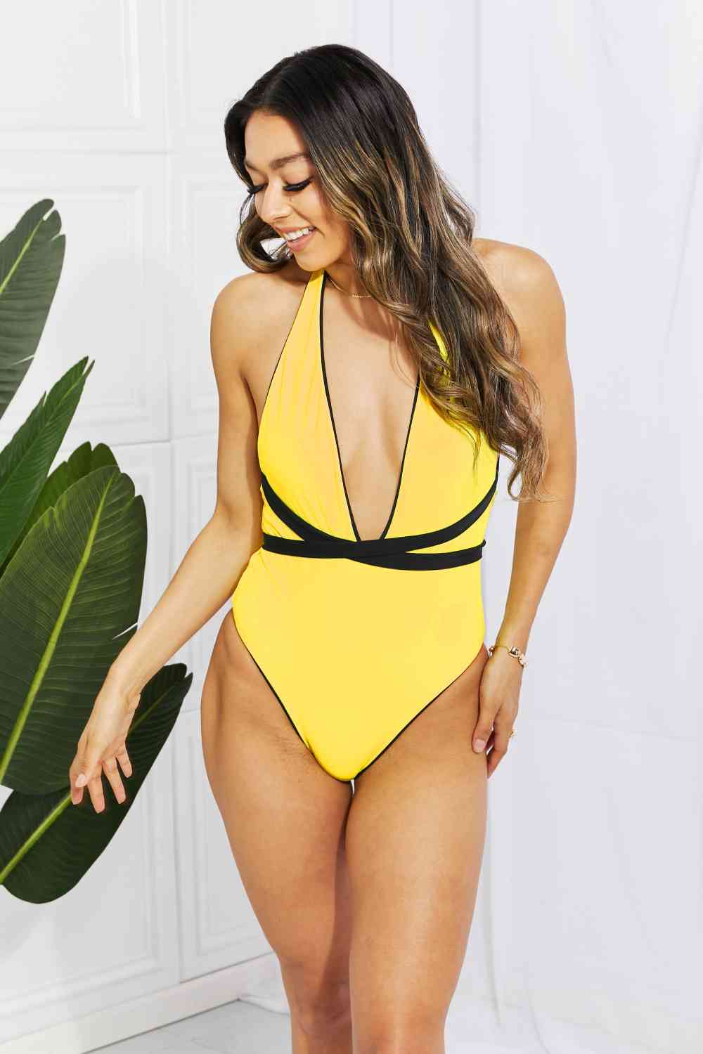 Contrast Tie-Waist Plunge Crisscross One-Piece Swimsuit - Multiple Colors - (S-XL)