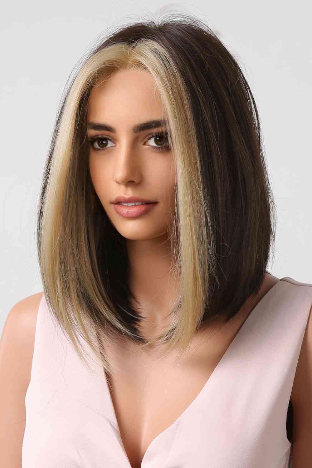 FULL-MACHINE SYNTHETIC STRAIGHT MID-LENGTH WIG - BROWN/BLONDE MONEY PIECE