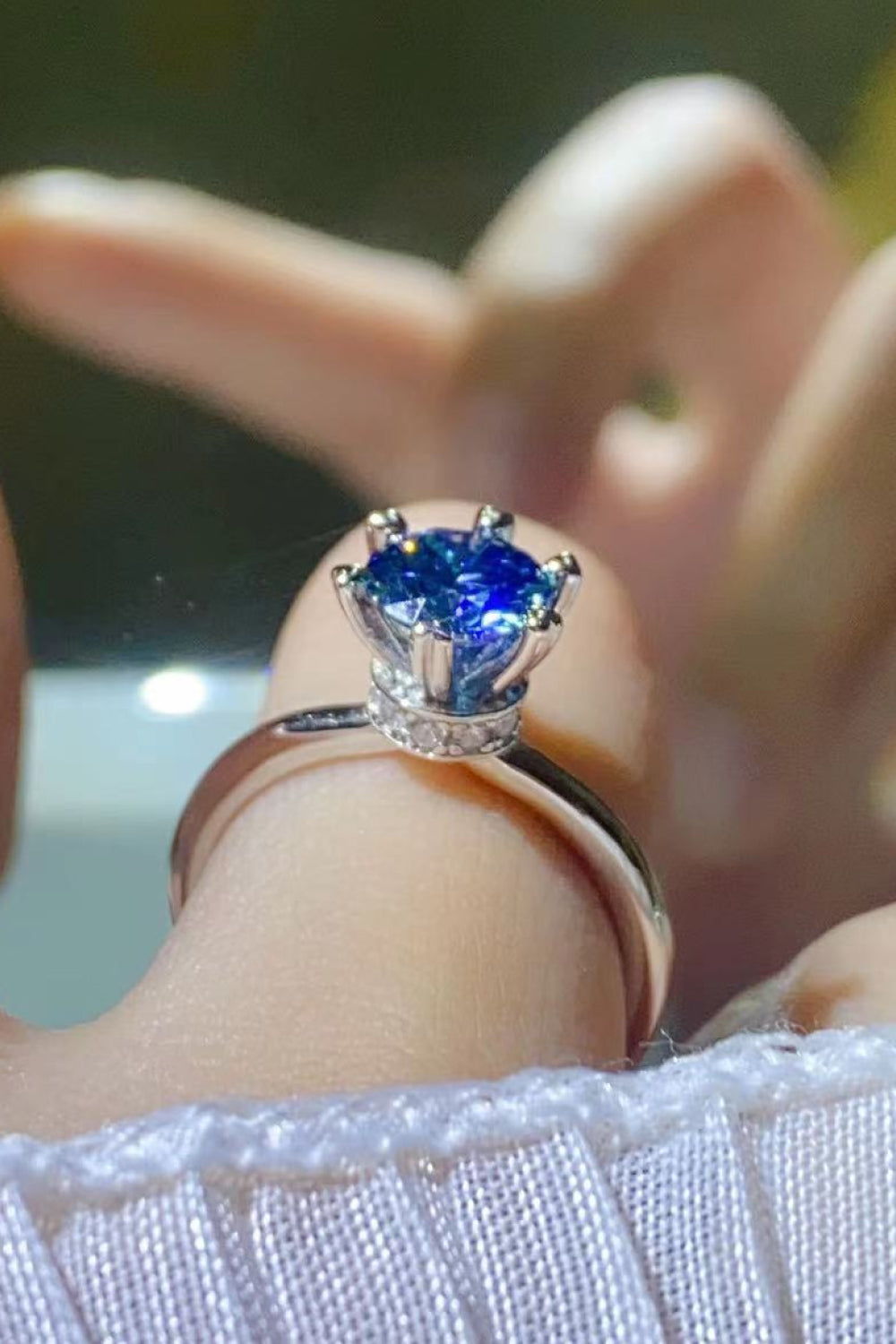 1 Carat Moissanite 6-Prong Polished Solitaire Ring - Blue