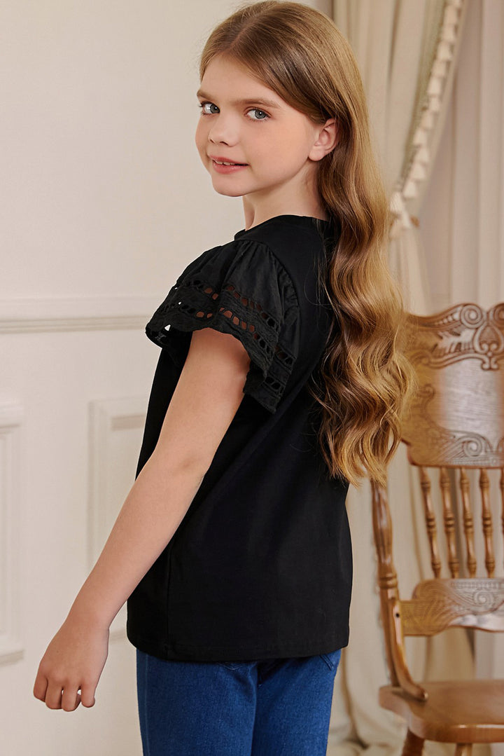 Eyelet Flutter Short Sleeve Round-Neck Solid T-Shirt - Multiple Colors - (4T-12)