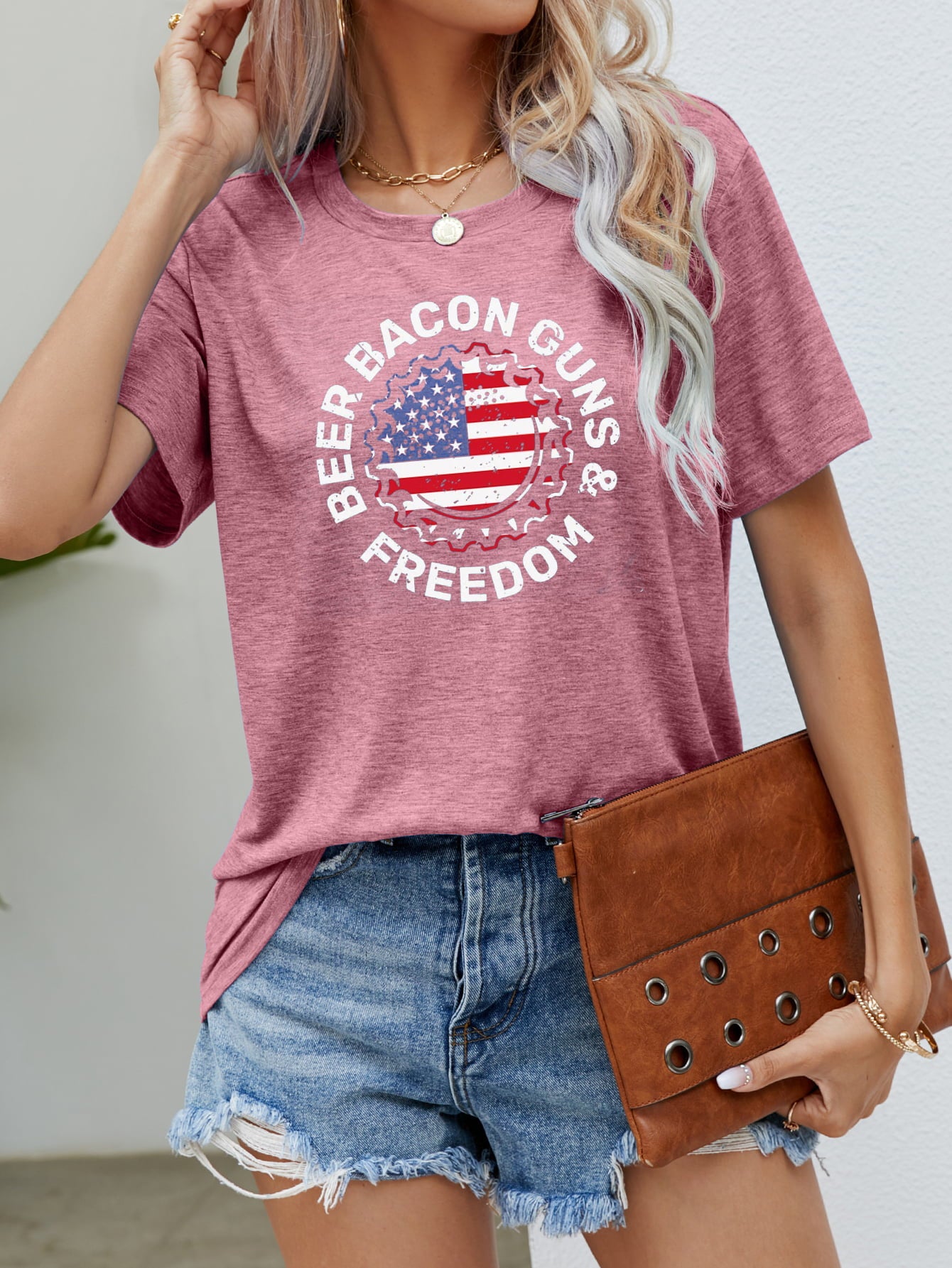 "Beer Bacon Guns & Freedom" US Flag Graphic Round-Neck Short Sleeve Tee - Multiple Colors - (S-XL)