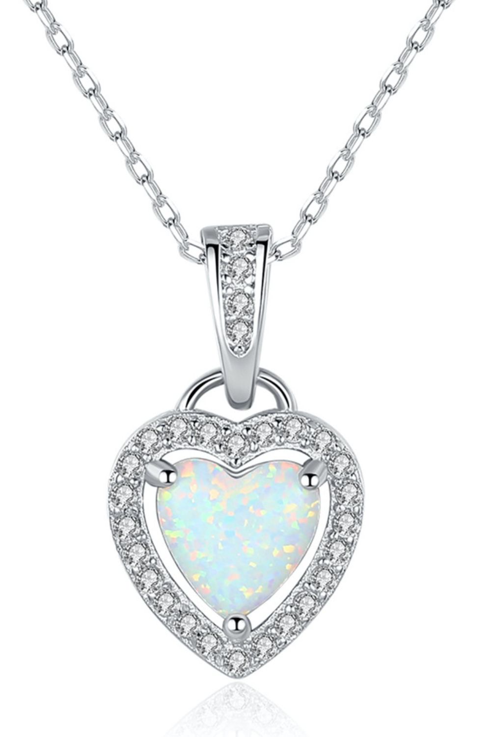 Opal Heart & Zircon Pendant 925 Sterling Silver Necklace - White