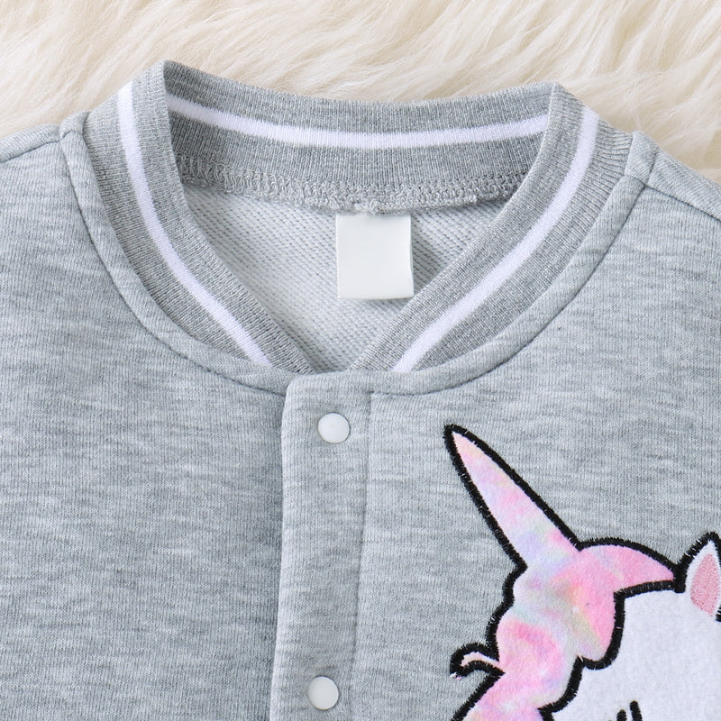 CUTE SOLID TIE-DYE CONTRAST UNICORN GRAPHIC LONG SLEEVE SNAP JACKET - HEATHER GRAY - (4T-7)