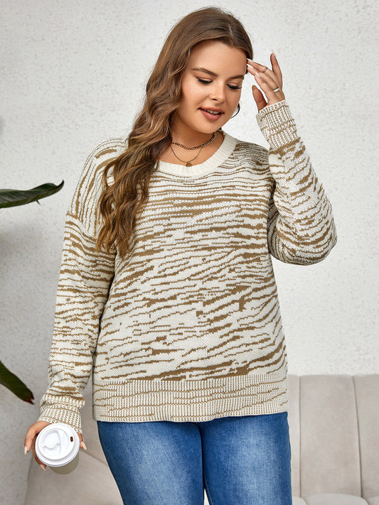 Plus Size Round-Neck Long Sleeve Two-Tone Urban Sweater - Zebra - (XL-3XL)