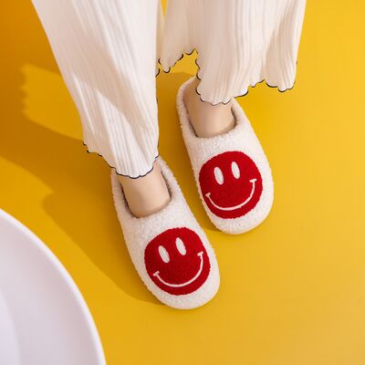 Smiley Face Soft Cozy Plush Slippers - White/Red - (S-XL)