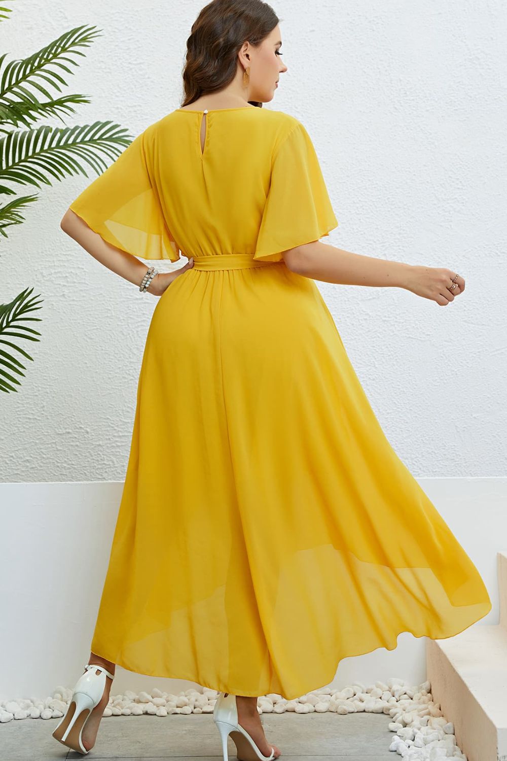 PLUS-SIZE BELTED FLUTTER-SLEEVE HIGH-LOW BELTED MIDI DRESS - MUSTARD - (1X-4X)