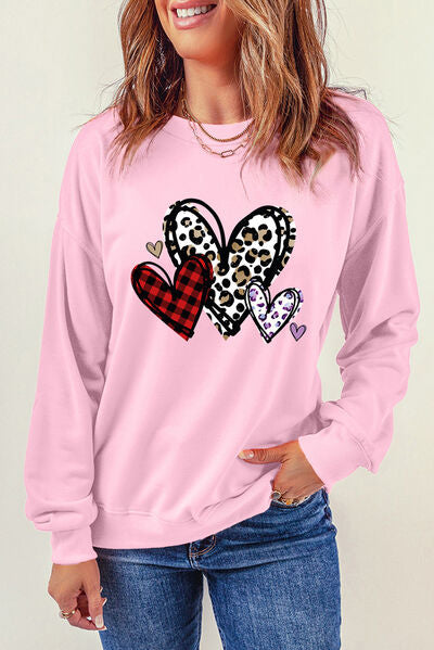 Heart Graphic Round-Neck Dropped-Shoulder Sweatshirt - Blush Pink - (S-XL)