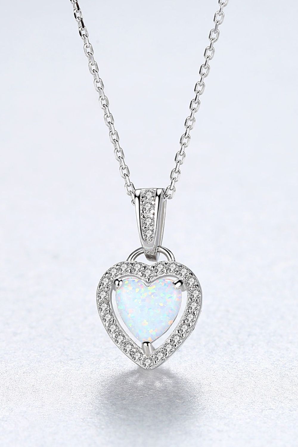 Opal Heart & Zircon Pendant 925 Sterling Silver Necklace - White