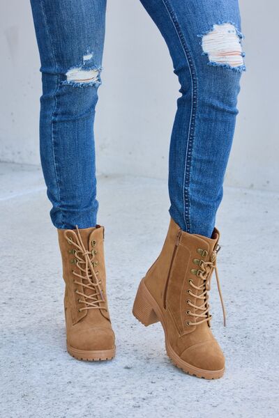 Lace-Up Zipper-Detail Block-Heel Boots - Tan - (5.5-10)