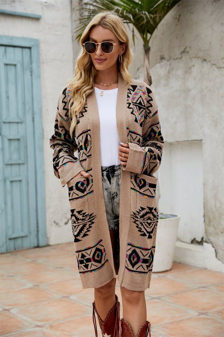 Casual Printed Long Sleeve Open-Front Cardigan With Pockets - Multiple Colors - (S-XL)