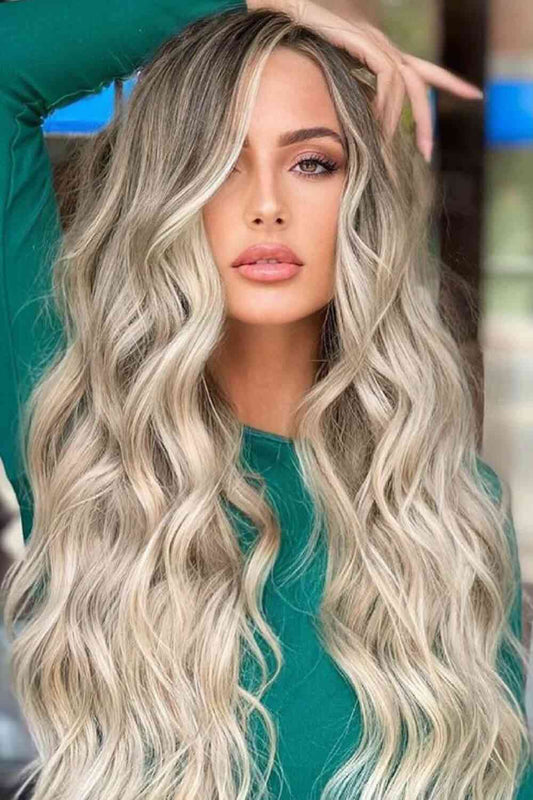Full-Machine Long-Wave Synthetic 26" Wig - Light Brown/Blonde Balayage