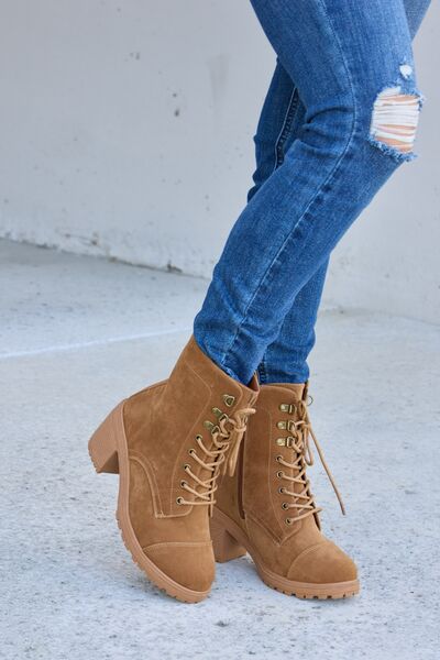 Lace-Up Zipper-Detail Block-Heel Boots - Tan - (5.5-10)