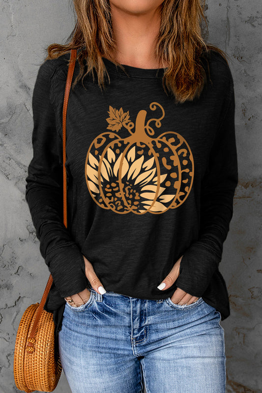 Gold Pumpkin/Sunflower Graphic Thumbhole-Sleeve T-Shirt - Black - (S-2XL)