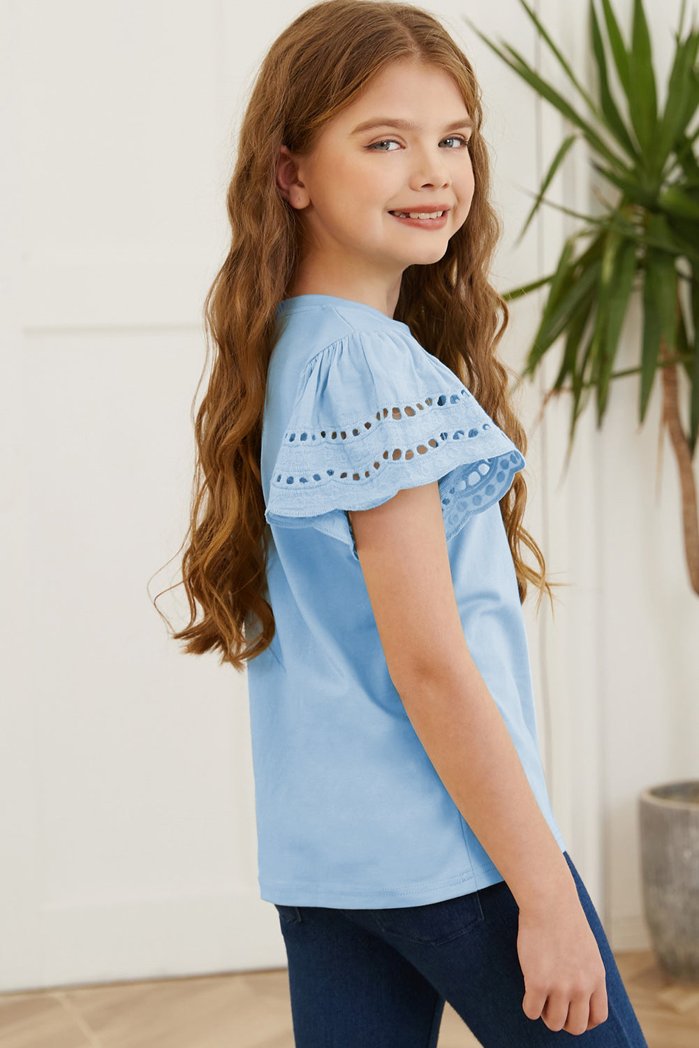 Eyelet Flutter Short Sleeve Round-Neck Solid T-Shirt - Multiple Colors - (4T-12)