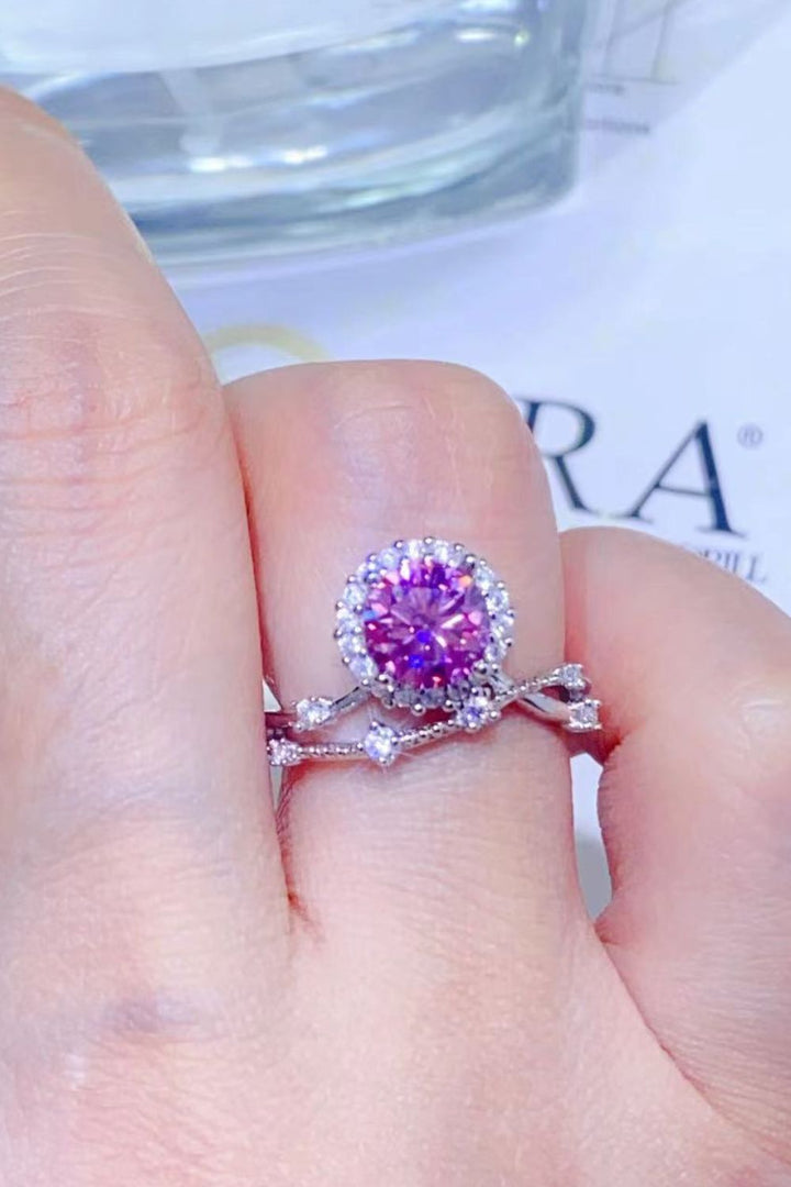 1 Carat Moissanite 925 Sterling Silver Crisscross Side-Stones Ring - Pink