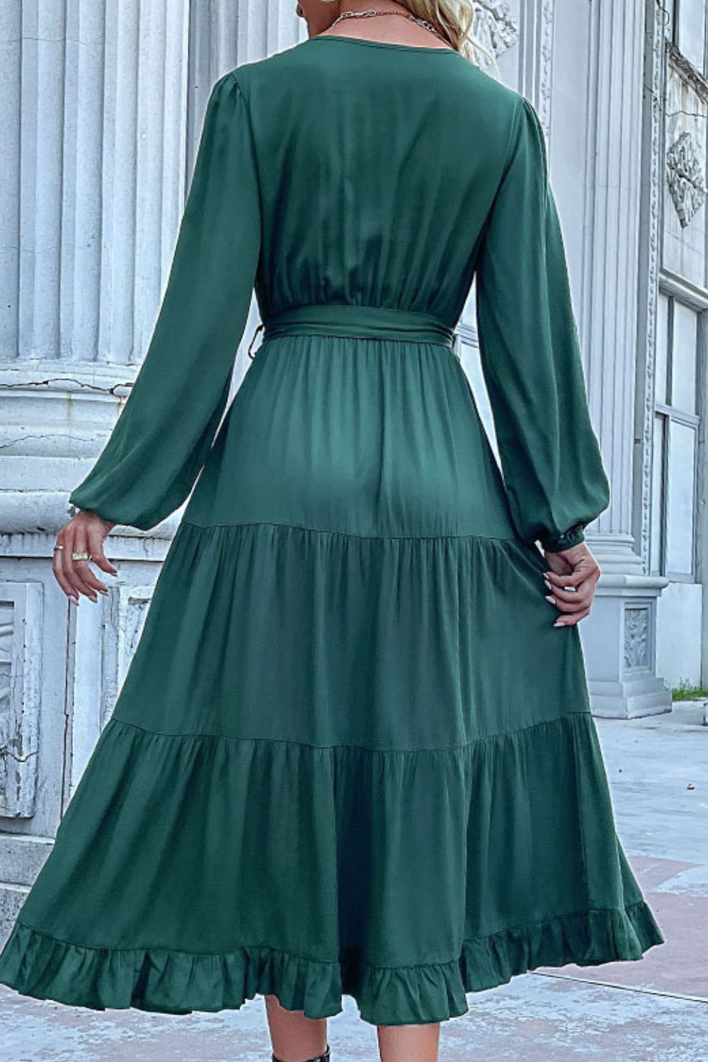 V-NECK PUFF-SLEEVED RUCHED DRESS - GREEN - (S-XL)
