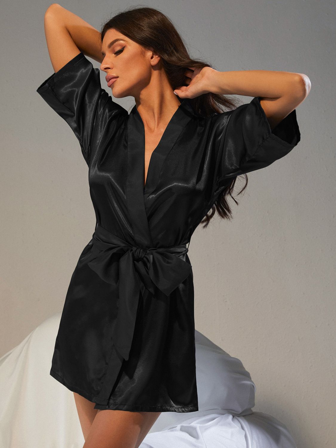 BELTED HALF-SLEEVE MID-LENGTH ROBE WITH TIE - MULTIPLE COLORS - (S-XL)