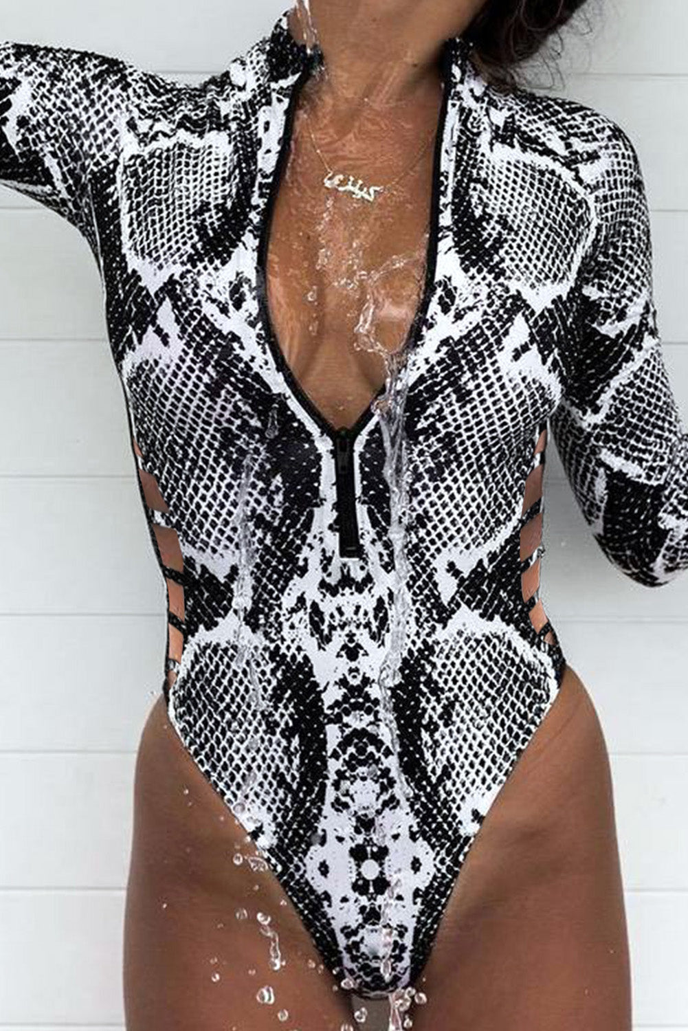 Animal-Print Zipper Cutout Long Sleeve Wetsuit - Snakeskin/Leopard Print - (S-2XL)