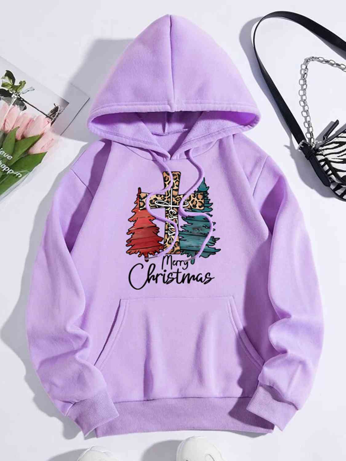 "Merry Christmas" Graphic Drawstring Hoodie - Multiple Colors - (S-XL)