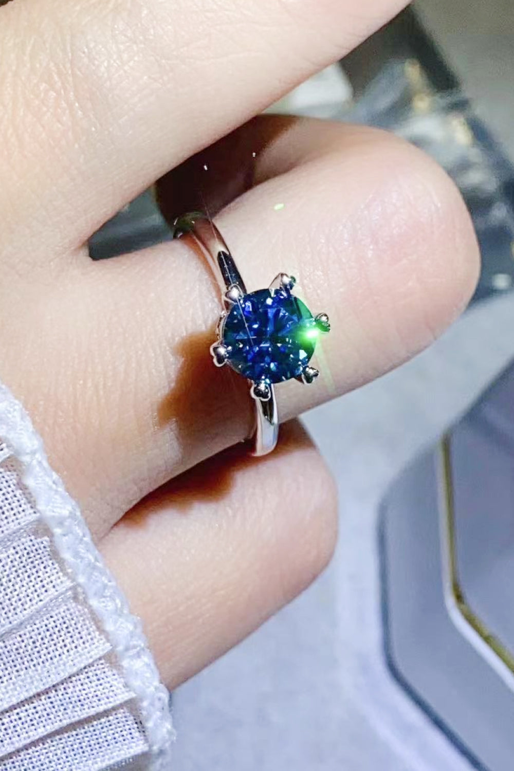 1 Carat Moissanite 6-Prong Polished Solitaire Ring - Blue