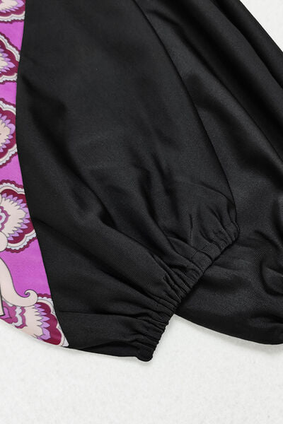 Printed Long Sleeve Drawstring Dress &amp; Pants Swim Set With Cap - Black - (S-XL)