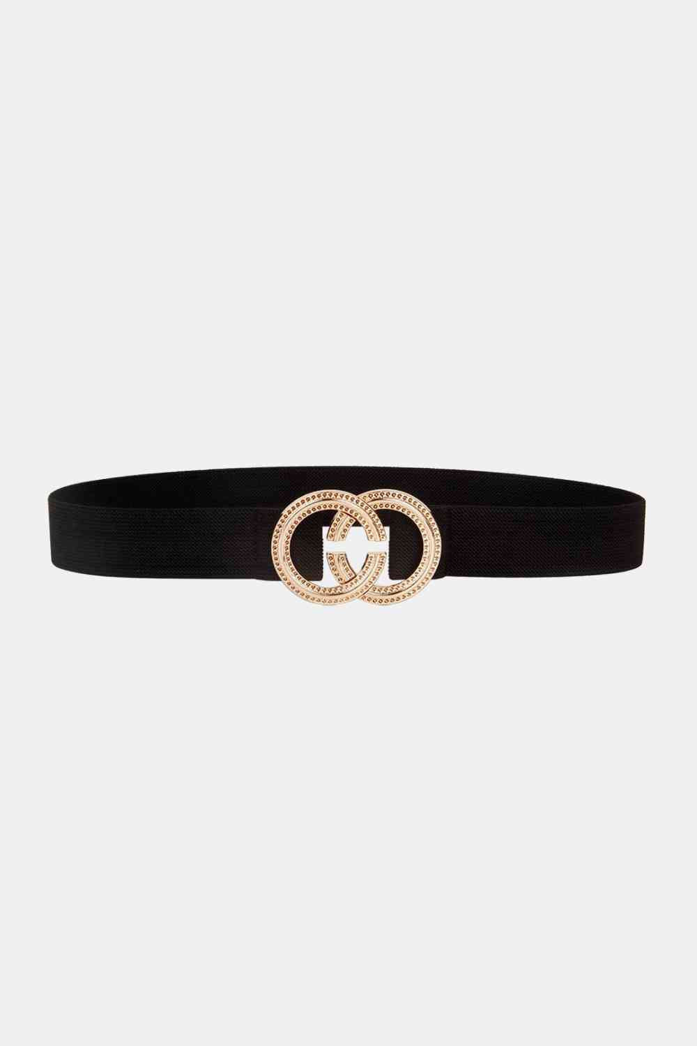 Double-Hoop Gold-Buckle Elastic Belt - Black