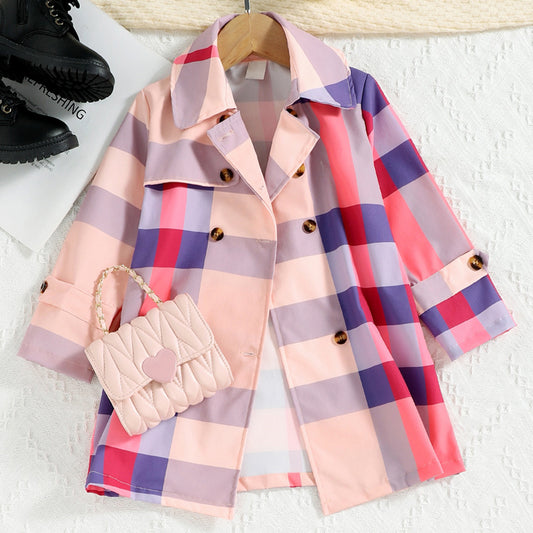 PLAID LAPEL-COLLAR LONG SLEEVE THIN BUTTONED COAT - (4T-7)