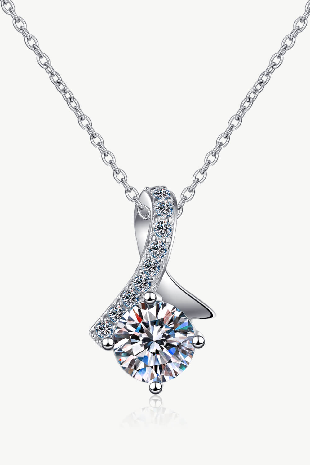 1 Carat Moissanite &amp; Zircon 4-Prong Ribbon-Swirl Pendant Necklace - Silver