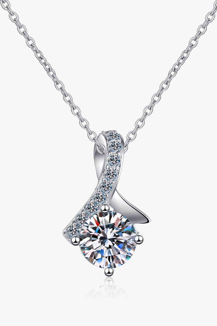 1 Carat Moissanite &amp; Zircon 4-Prong Ribbon-Swirl Pendant Necklace - Silver