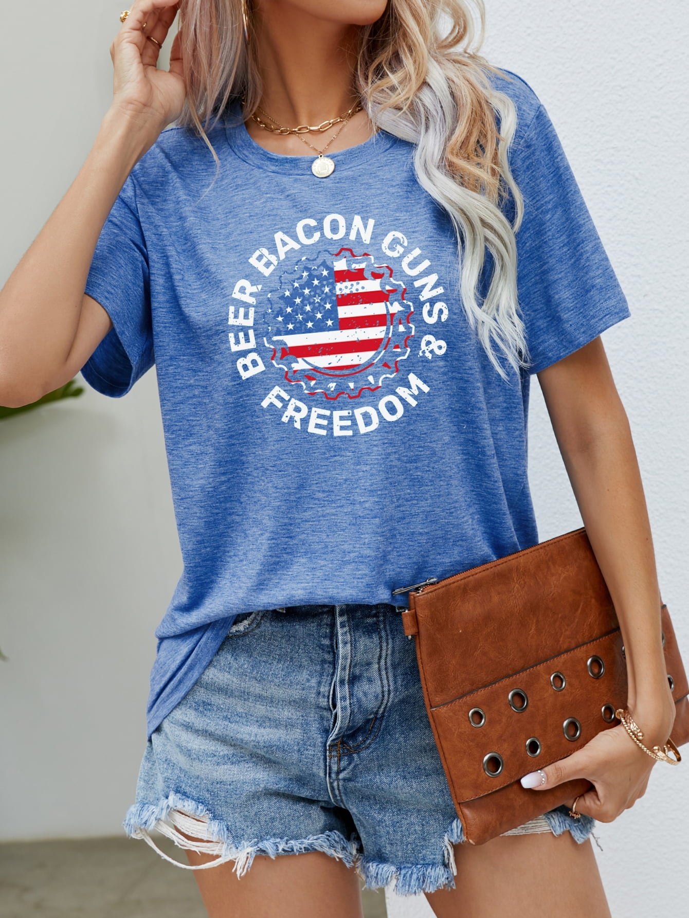 "Beer Bacon Guns & Freedom" US Flag Graphic Round-Neck Short Sleeve Tee - Multiple Colors - (S-XL)