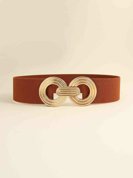 GEOMETRIC GOLD BUCKLE ELASTIC WIDE BELT - MULTIPLE COLORS