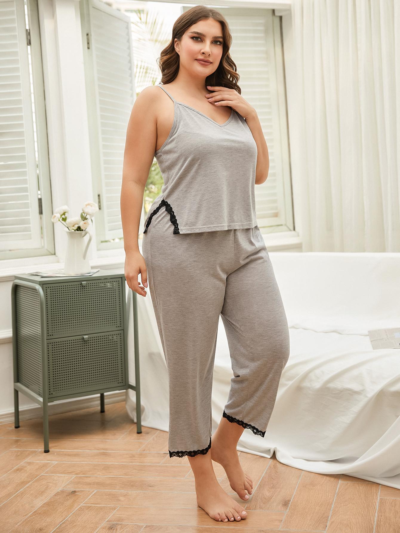 PLUS-SIZE V-NECK LACE-TRIM CAMI & PANTS PAJAMA SET - MULTIPLE COLORS - (1XL-4XL)