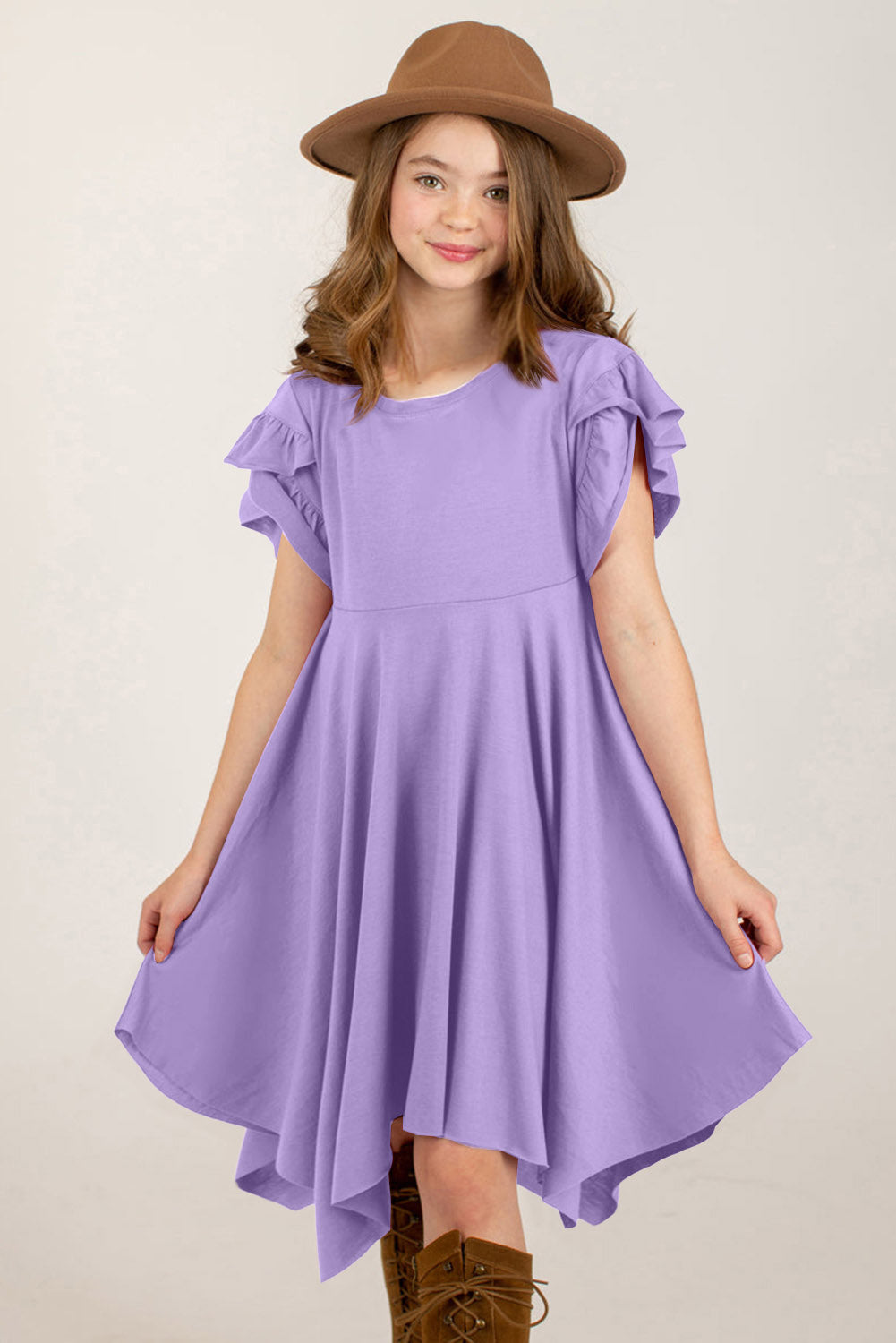 Stylish Round-Neck Short Petal-Sleeve Solid Midi Dress - Multiple Colors - (5T-12)