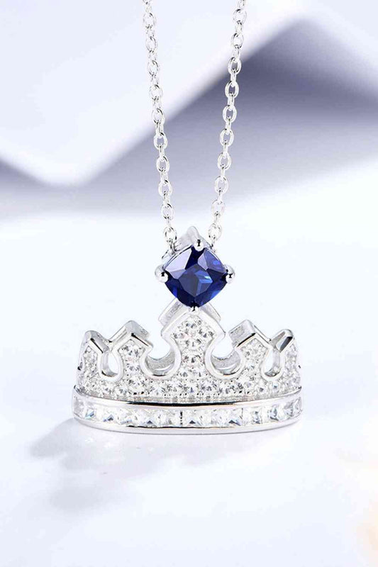 Lab-Grown Sapphire Crown-Shape Zircon Pendant 925 Sterling Silver Necklace - Royal Blue